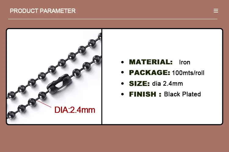 Função Roller Chain de aço inoxidável pré-cortado 2.4mm Ball Chain para Dogtag Dimensões personalizadas à prova de ferrugem 0