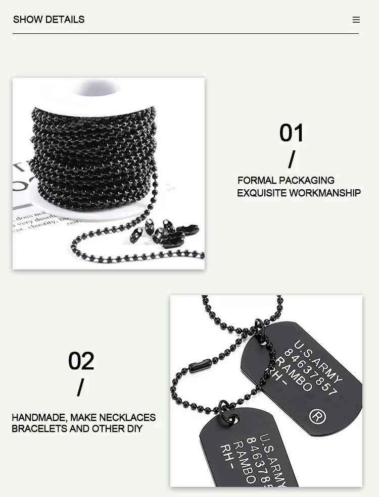 Função Roller Chain de aço inoxidável pré-cortado 2.4mm Ball Chain para Dogtag Dimensões personalizadas à prova de ferrugem 1
