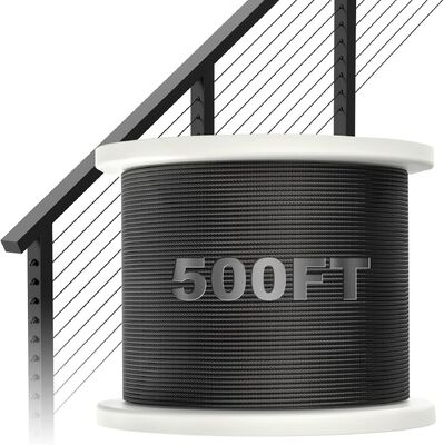 Bom preço. Corda de fio de aço inoxidável preta t316 3/16, 250 pés, 7x19, cabo de aeronave, 3700 lbs, resistência à ruptura para trilhos de convés de tirolesa on-line